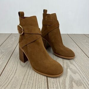 See by Chloé Suede Buckle Ankle Booties 36.5 Tobacco (Tan) & Goldtone Metal $525